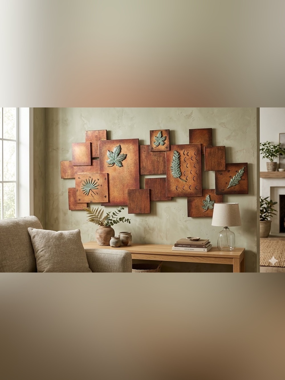 3D Rustic Metal Wall Art Panel Green Leaf Patina Large Home Decor